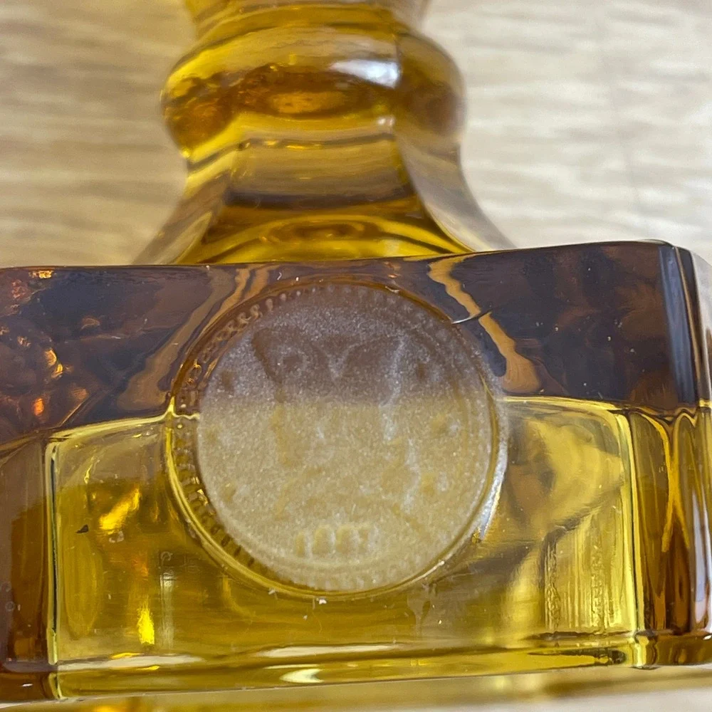 Vintage Amber Glass Hexagon Coin Candlestick Holders Liberty Bell Set of 2 4.5